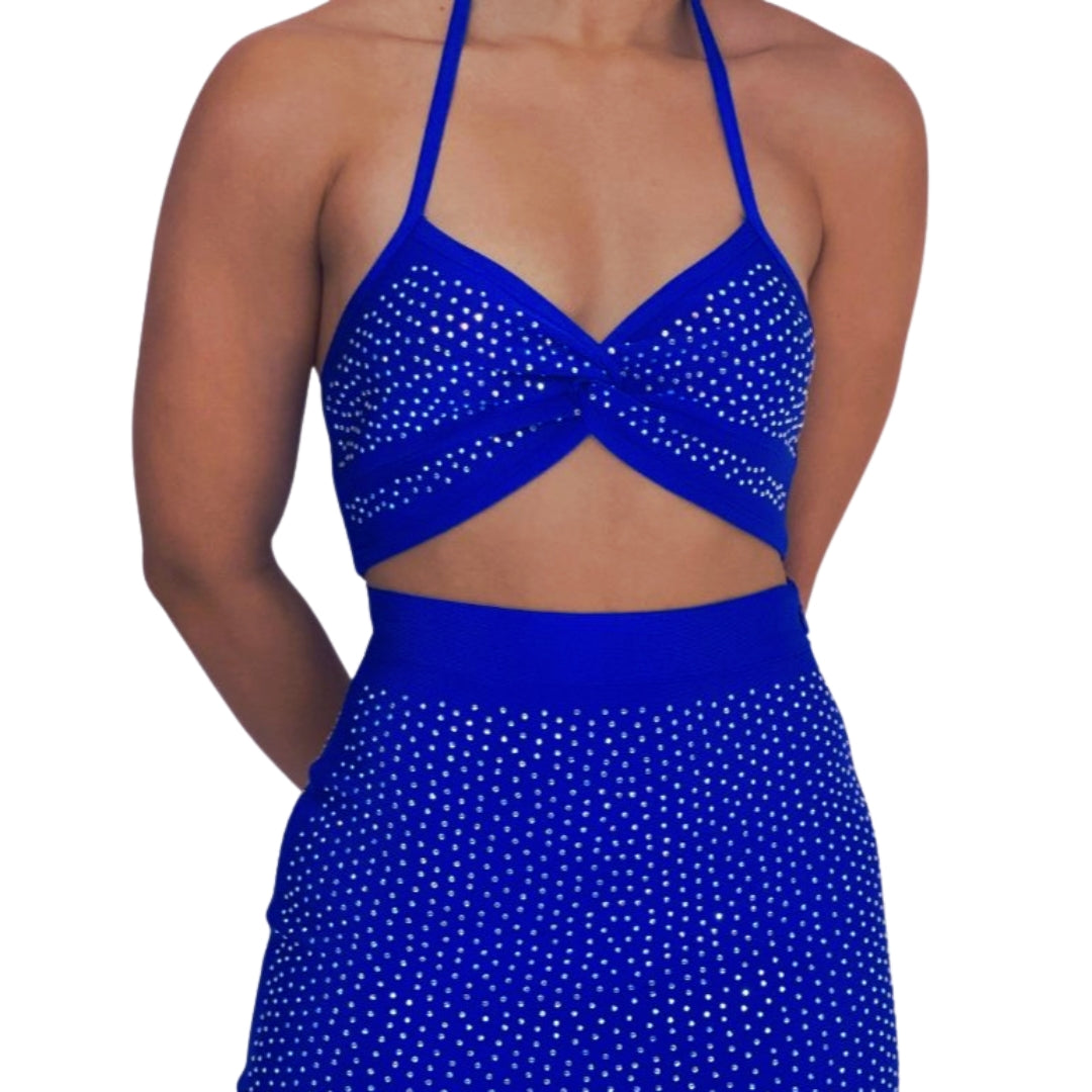 Blue Sparkling Blue Two-Piece Halter Top and Skirt Set