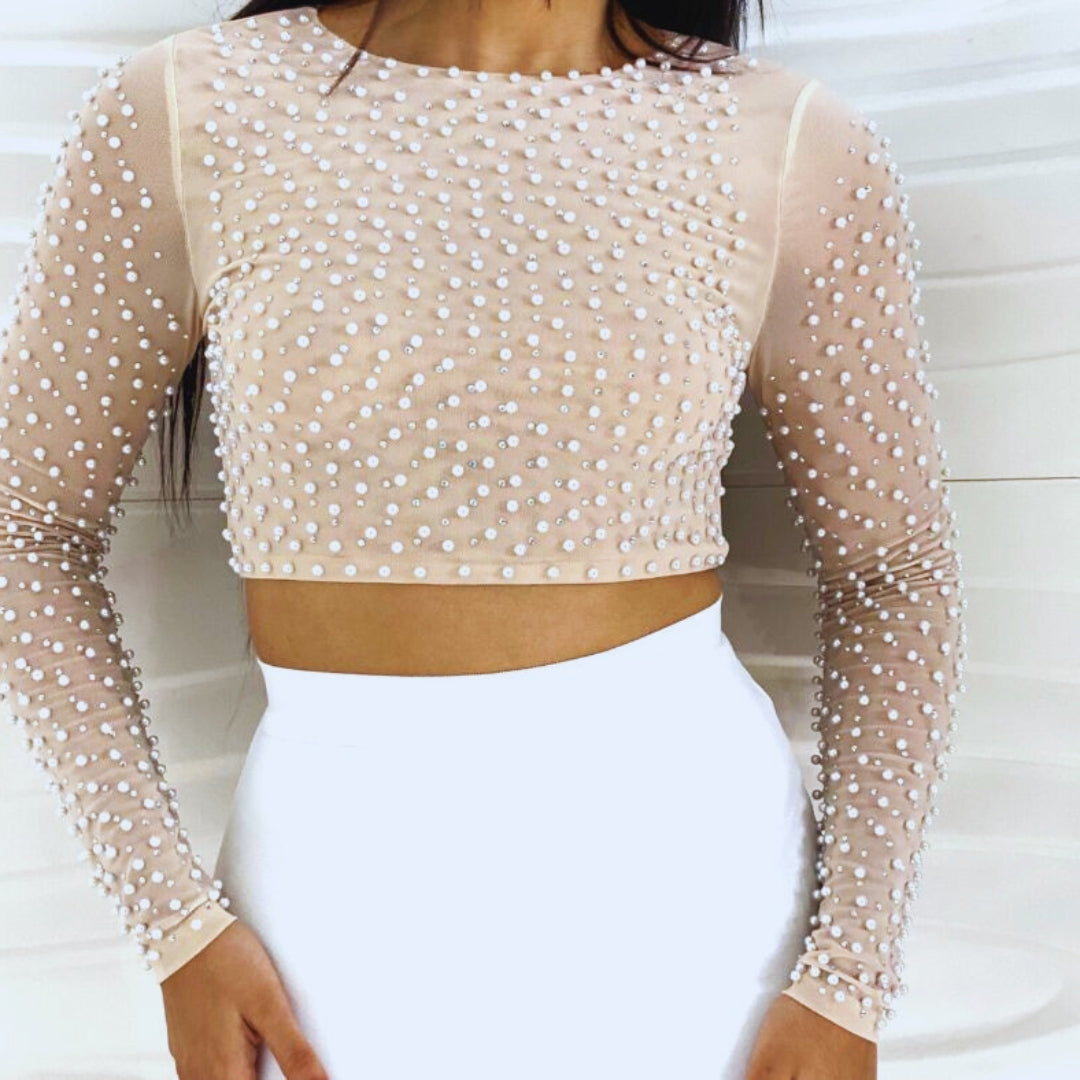 Crop top de malla con perlas
Top elegante de manga larga
Top con perlas glamuroso
Crop top transparente
Top de malla para eventos
Top decorado con perlas
Crop top de moda alta
Crop top nude sofisticado
Top de malla con perlas largas
Ideas de outfit con crop top nude
Nude mesh pearl crop top
Elegant long sleeve top
Glamorous pearl decorated top
See-through crop top
Mesh top for evening wear
Pearl embellished top
High fashion crop top
Sophisticated nude crop top
Long sleeve pearl mesh top
Nude crop top outfit