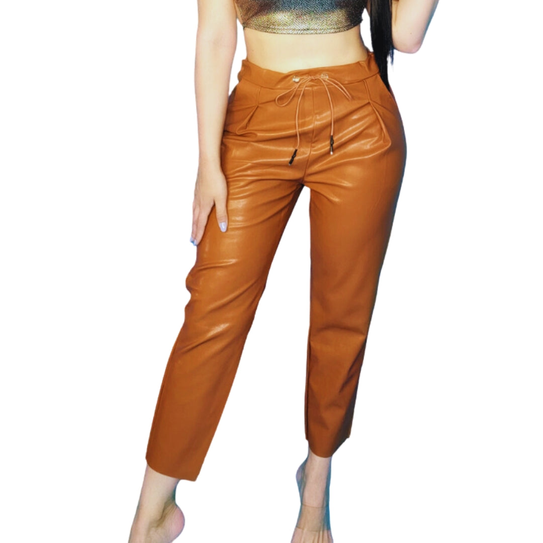 Nina Adjustable-Waist Faux Leather Capris