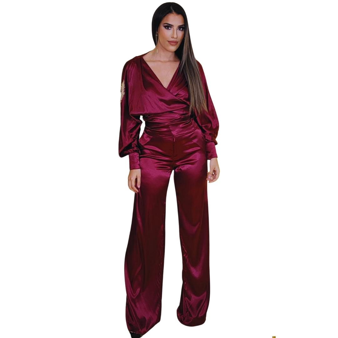 Fridas Chic Burgundy Wrap-Front V-Neck Waist Satin Wide Leg