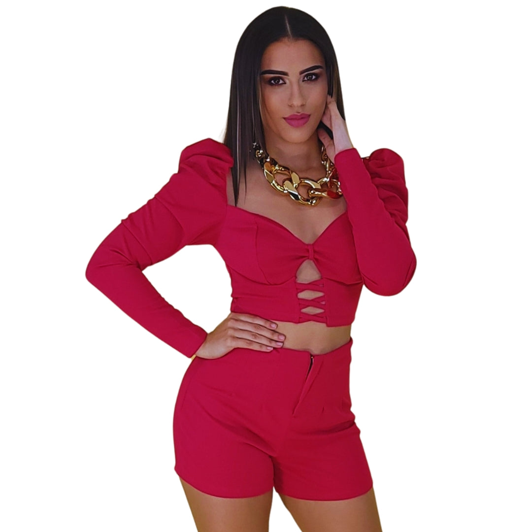 Elicia Elegant Puff Sleeve Lace-Up Crop Top and High-Waist Shorts Set