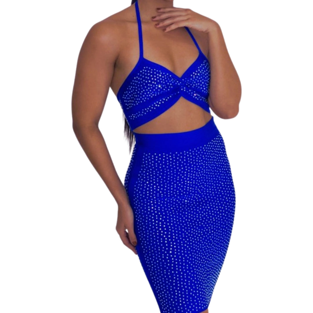 Blue Sparkling Blue Two-Piece Halter Top and Skirt Set