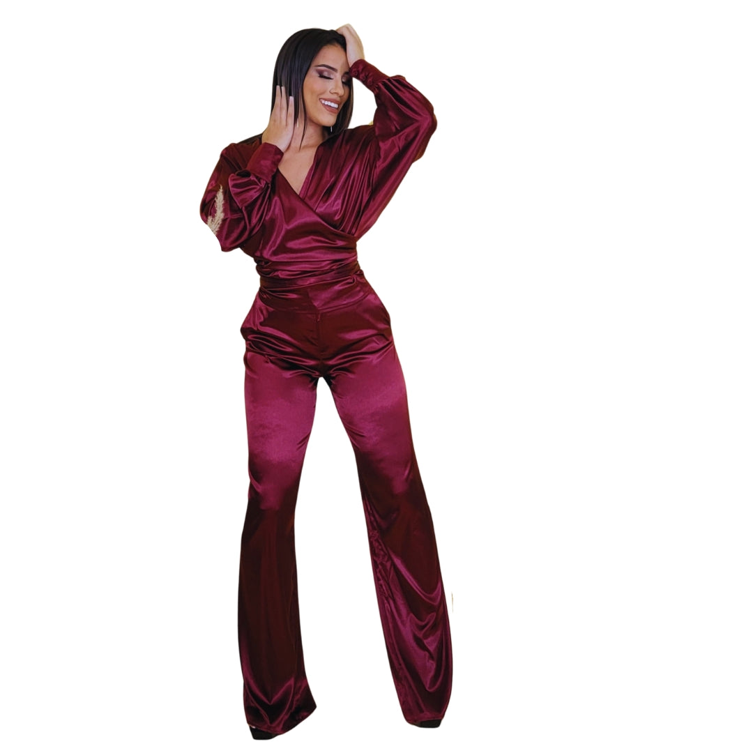 Fridas Chic Burgundy Wrap-Front V-Neck Waist Satin Wide Leg