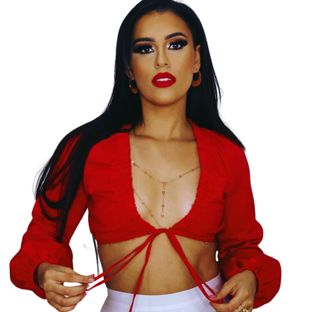 Serres Red Tie-Front Puff Sleeve Crop Top