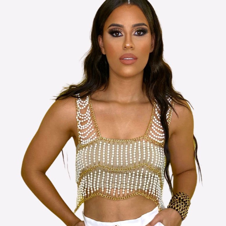 White Pearls Beads Fashion Crop Top