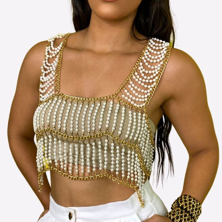 White Pearls Beads Fashion Crop Top