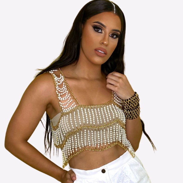 White Pearls Beads Fashion Crop Top