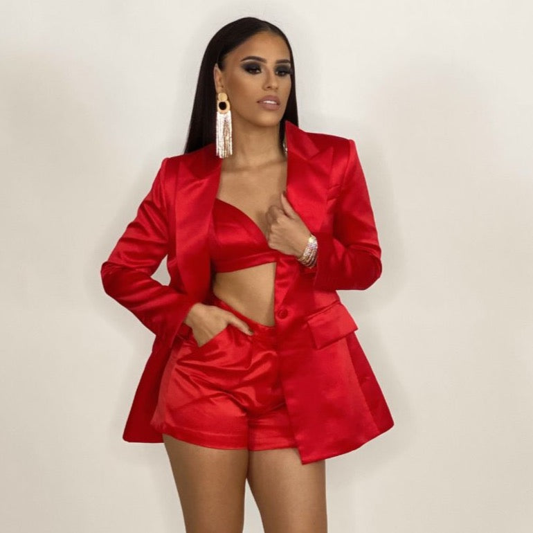 Bella Satin Blazer Bralette Short Set 3 pieces