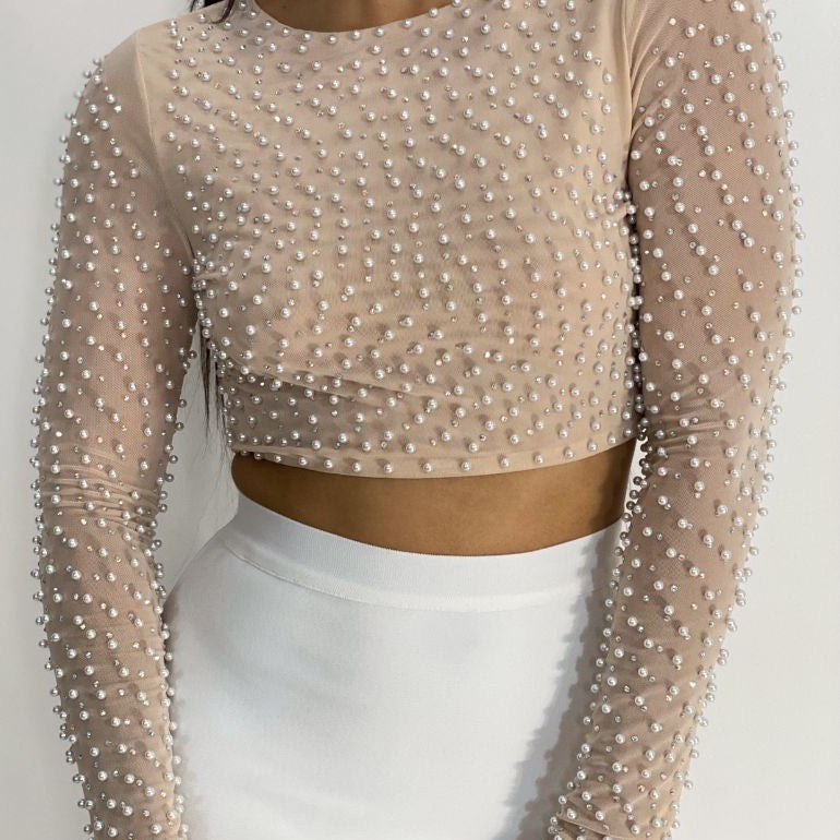 Glam Pearl Crop Top Long Sleeve