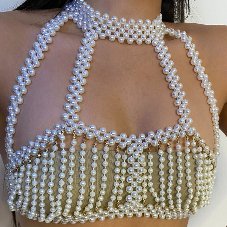 Pearl Beads White Crop Top