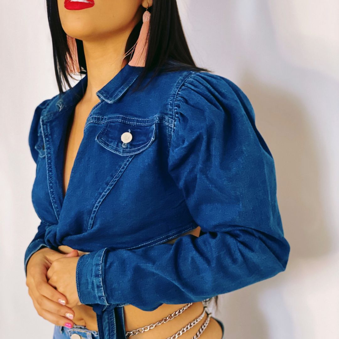 Blue Jean Long Sleeve Crop Top